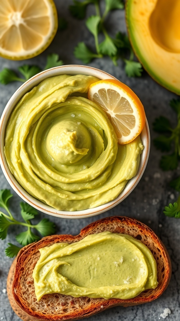 A bowl of creamy avocado butter with toast and lemon on the side.